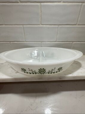 Vintage Collectors Glasbake Green Daisy Divided Casserole Dish